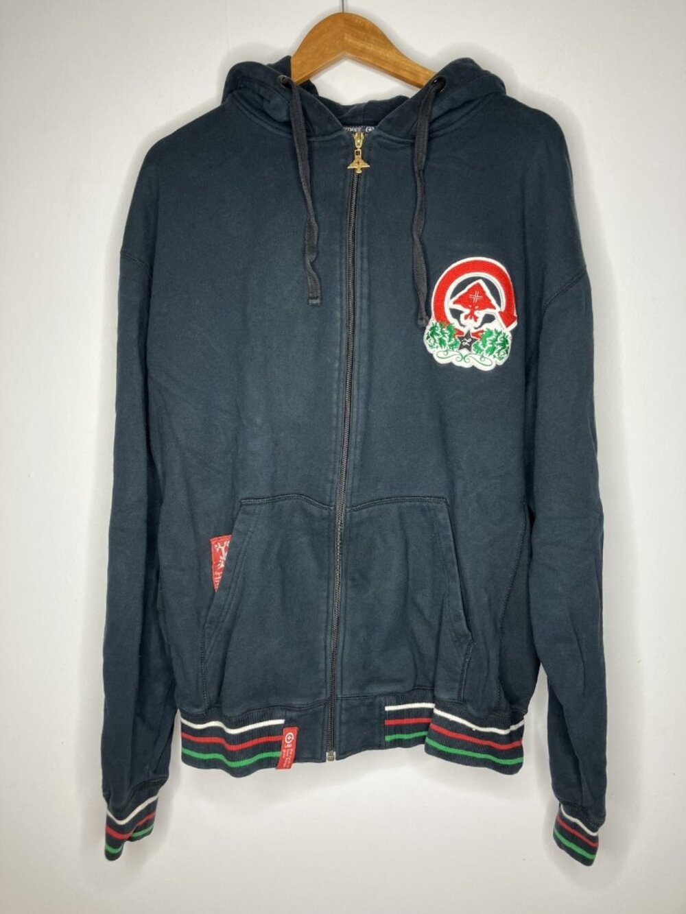LRG Men's 2XL Full Zip Hoodie Black Embroidered Logo Striped Cuffs